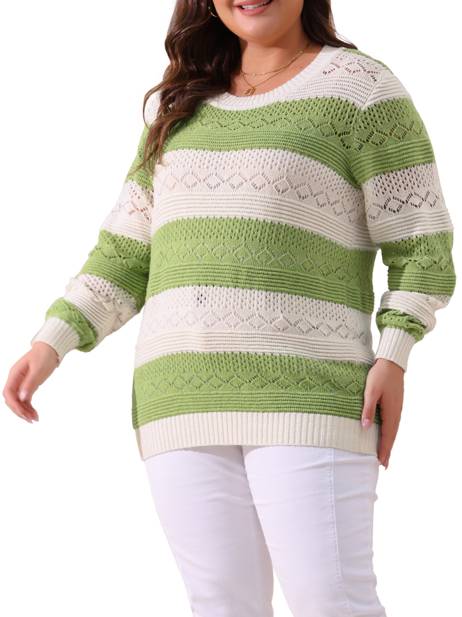 DARING DIVA Plus Size Long Sleeve Crewneck Hollow Knit Pullover 2X Green White