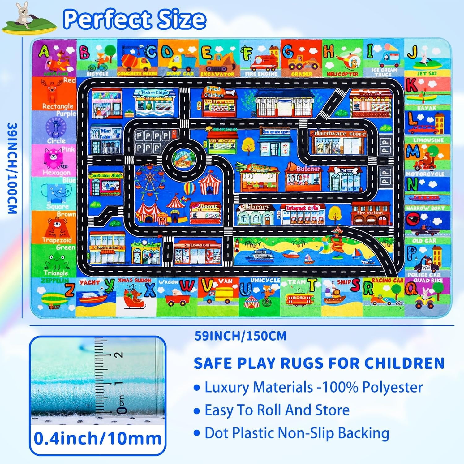 ABC Transportation Kids Rugs 59"×39.4" Animals Play Mat for Toy Cars Playroom