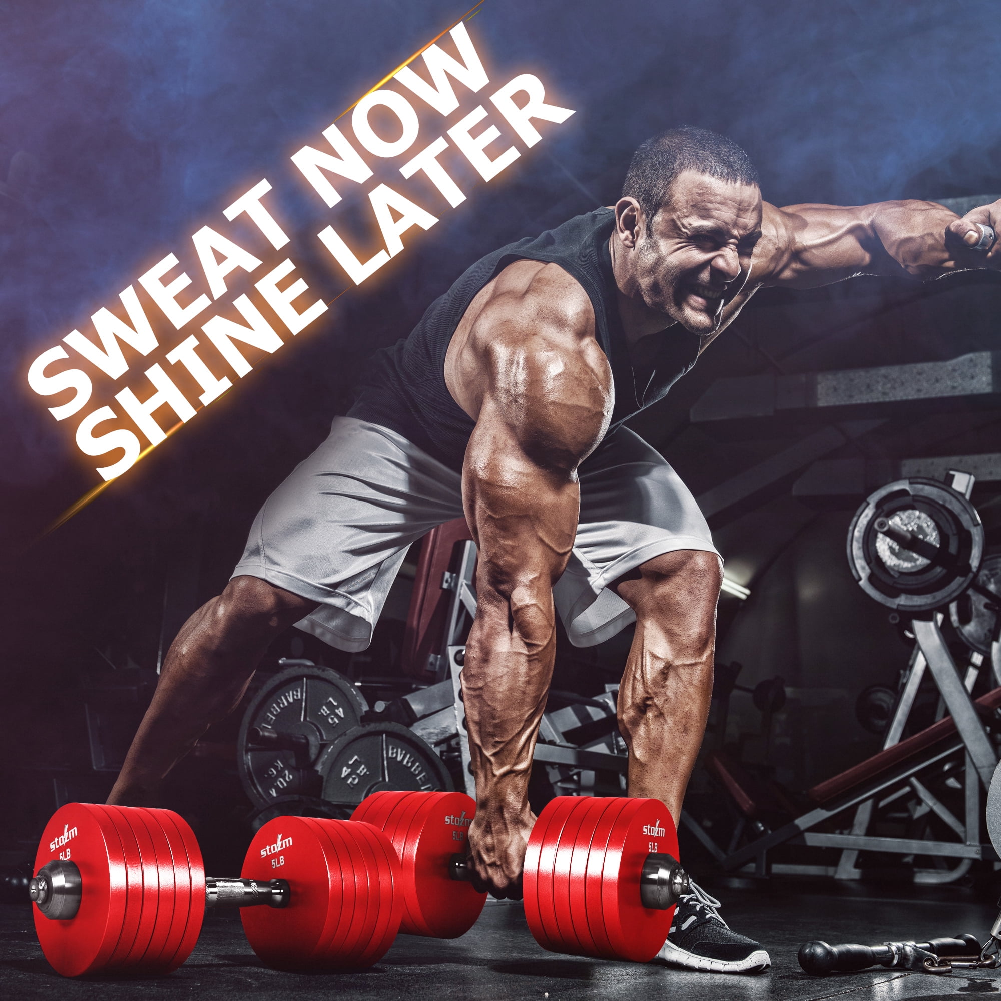 STOZM Solid Steel Weight Training Plates 1 Inch, 12 x 5 lbs. Set (Red)