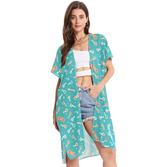 Beach Vacation Clothes Kimono Cardigan Loose Swimsuit Cover Up for Women Dog Bones S