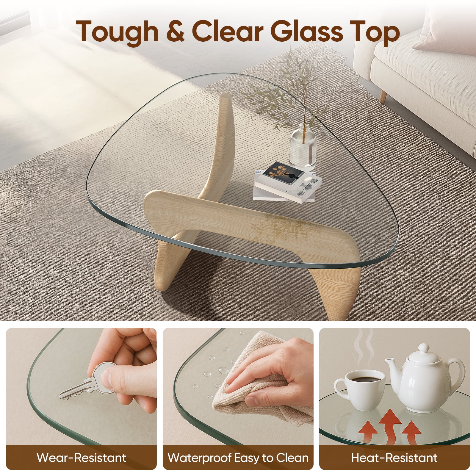 Cottinch 50" Triangle Glass Coffee Table with Wood Base for Living Room Office, Light Walnut, Natural Wood