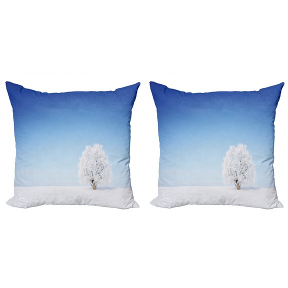 Ambesonne Blue Throw Pillow Cover 2 Pack, Alone Tree Snowy Field, 20", White Blue