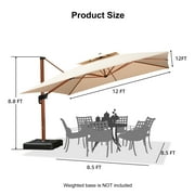 PURPLE LEAF 12FT Deluxe Square Wood Grain Patio Umbrella with Base, Large Offset Cantilever Umbrella with 360° Rotation, Beige