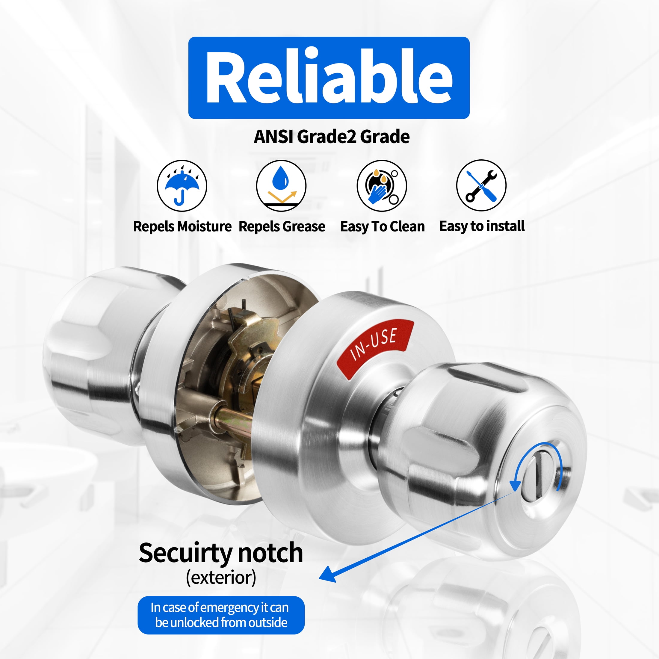 Men or Women Bathroom Privacy Door Knob Lock with Large Indicator, Thumbturn Lock, ANSI Grade2, for Office Home Apartment Airbnb Restrooms