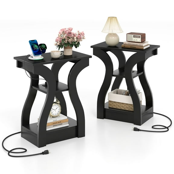 Gymax End Tables w/Charging Station Set of 2 3-Tier Side Tables w/USB Ports & Outlets Black