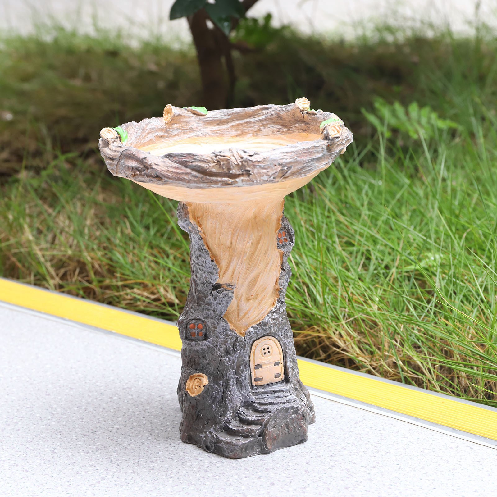 Standing Resin Bird Feeder - Outdoor Birdbath with Flower-Shaped Bowl, Decorative Garden Stake for Patio, Lawn, or Yard, Charming Fairy Garden Statue