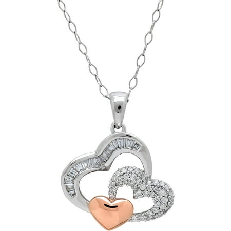 Sterling Silver and 18kt Gold Plate Triple Graduated Hearts with Round and Baguette Cubic Zirconia Pendant, 18