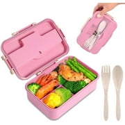 Bento Box For Kids Adults Lunch Box With 3 Compartment,Wheat Fiber Leak Proof Food Container With Spoon & Fork,1200ML Lunch Boxes Containers For Men Women (Pink)