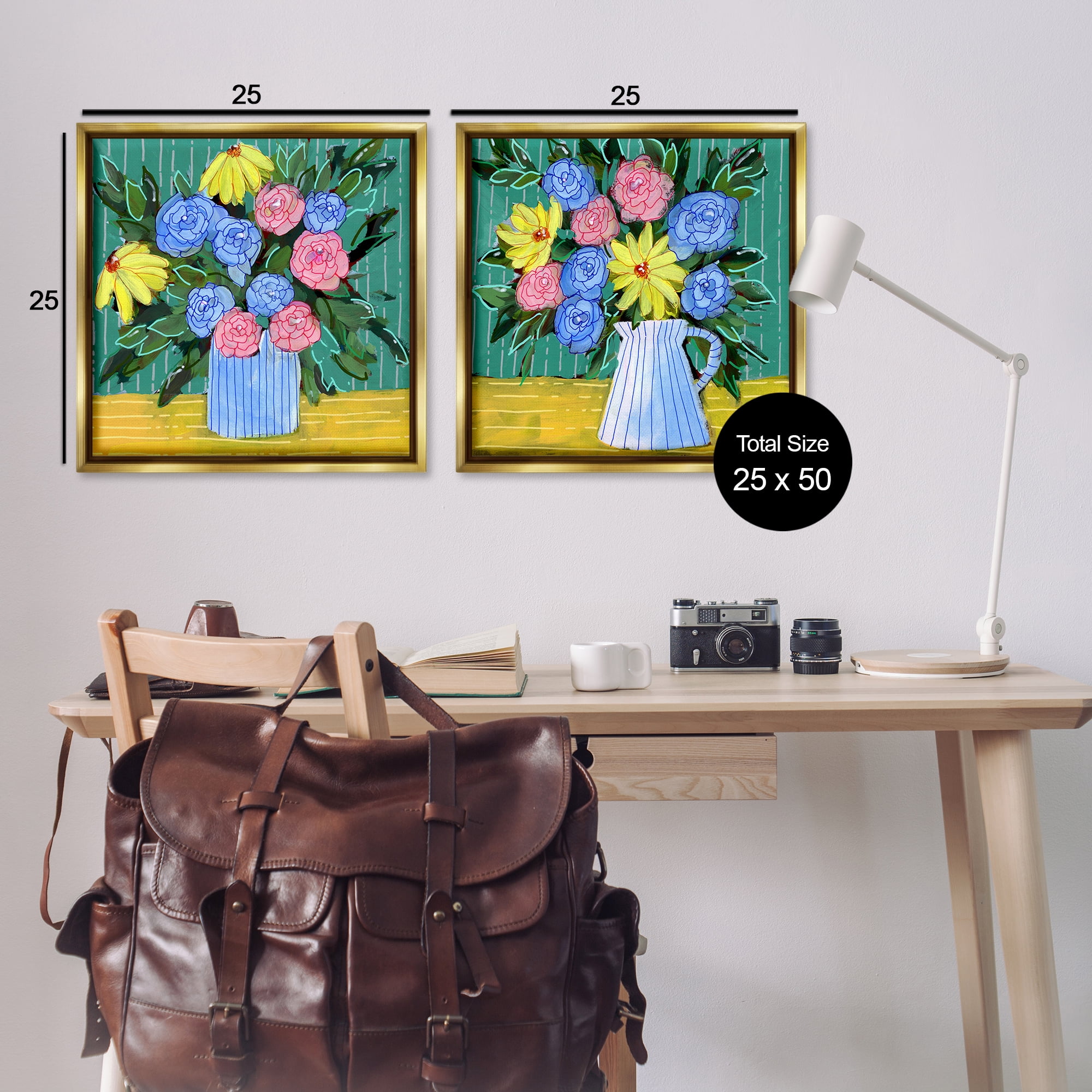 Stupell Industries Bright Flowers on Stripes Plants & Flowers Painting Gold Floater Framed Canvas Art Print Wall Art, 25 x 25, Set of 2