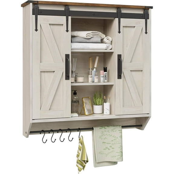 Farmhouse Medicine Cabinet 2 Sliding Barn Doors 3 Tier Rustic Wood Wall Storage Cabinet Adjustable Shelf Towel Bar Wall Mounted Bathroom Wall Cabinet (Antique White, 30.71 Inch)