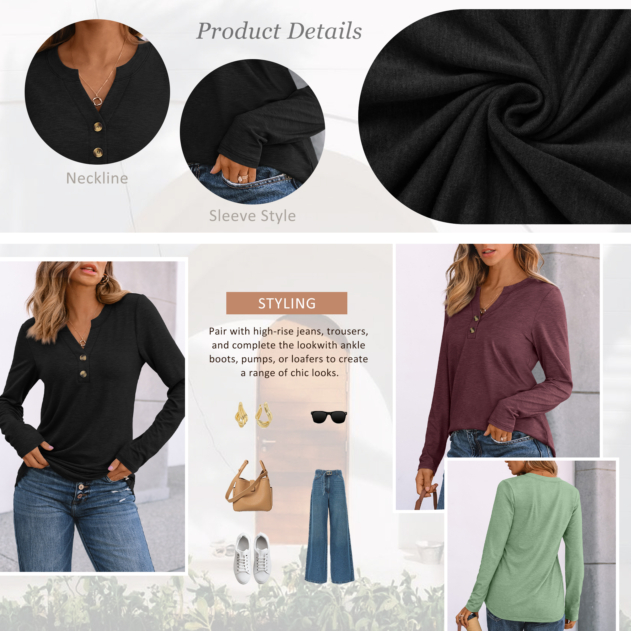 Sunbs Women's V-Neck Henley Long Sleeve Blouse photo 4