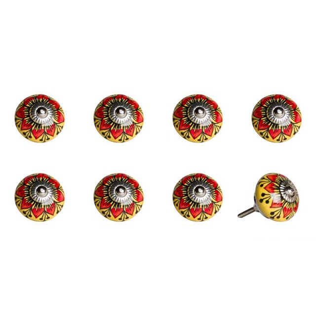 Knob-676685044976 It Vintage Peint à la Main en Céramique Ronde Knob Set - Jaune & Rouge - Pack de 8