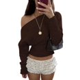 thumbnail image 3 of Women'S Cropped Sweaters Long Sleeve Off the Shoulder Sweater Y2k Going Out Tops Brown M, 3 of 8