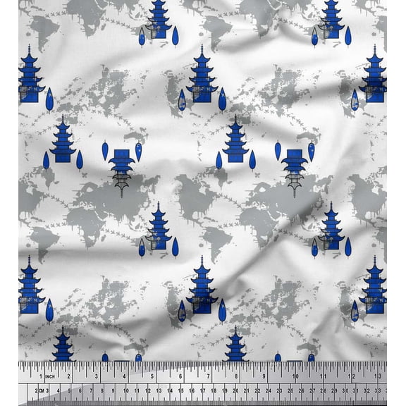 Soimoi Blue Poly Georgette Fabric Tree & World Map Print Fabric by the Yard 42 Inch Wide