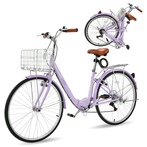 Ktaxon 26in Folding Beach Cruiser Bike for Women, 7-Speed City Commuter Bike with Lock, Basket & Rack, Purple