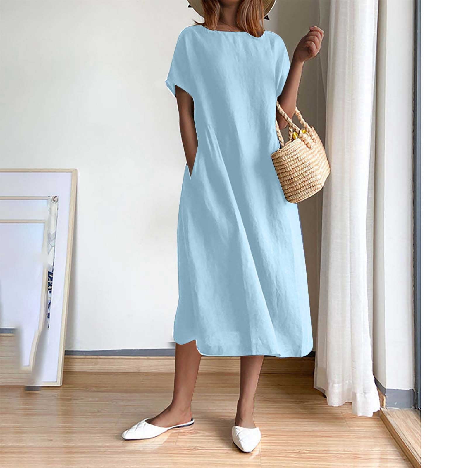 Summer and Spring Dresses for Women 2024 Casual Women'S Summer Fashion  Solid Color Round Neck Short Sleeve Cotton Linen Dress - Walmart.com