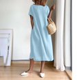 thumbnail image 5 of Zpanxa Summer Dresses for Women Summer Fashion Solid Color Round Neck Short Sleeve Cotton Linen Dress Light Blue L, 5 of 8