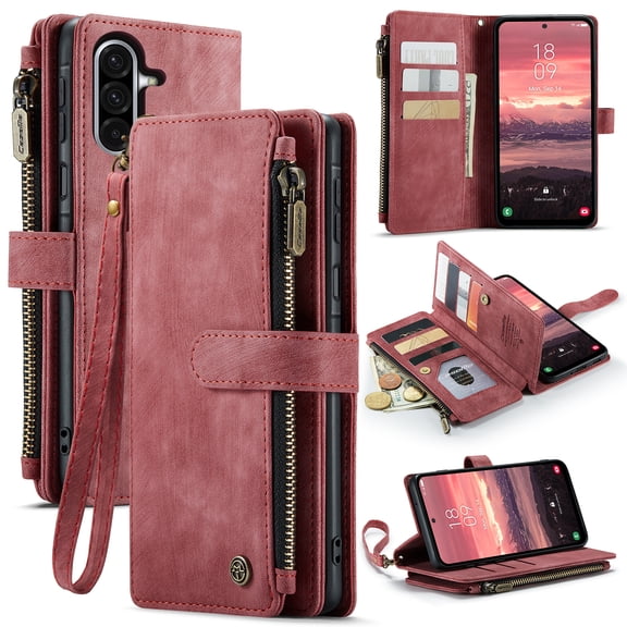 for Samsung Galaxy A17 5G Wallet Case with Card Slots, Leather Detachable Wristlet Strap 3-in-1 Zipper Pocket and Magnetic Flip Folio, RFID Blocking Card Holder Stand Case for Women and Men,Red