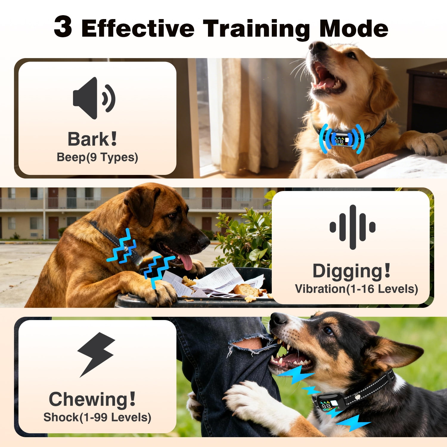 PetJoy 2 in 1 Dog Shock Collar with Remote Control，3300Ft Dog Training Collar with Beep Vibration Static Anti Barking，IPX7 Waterproof Bark Collar for Large Small Dogs with Flashlight,2 Count