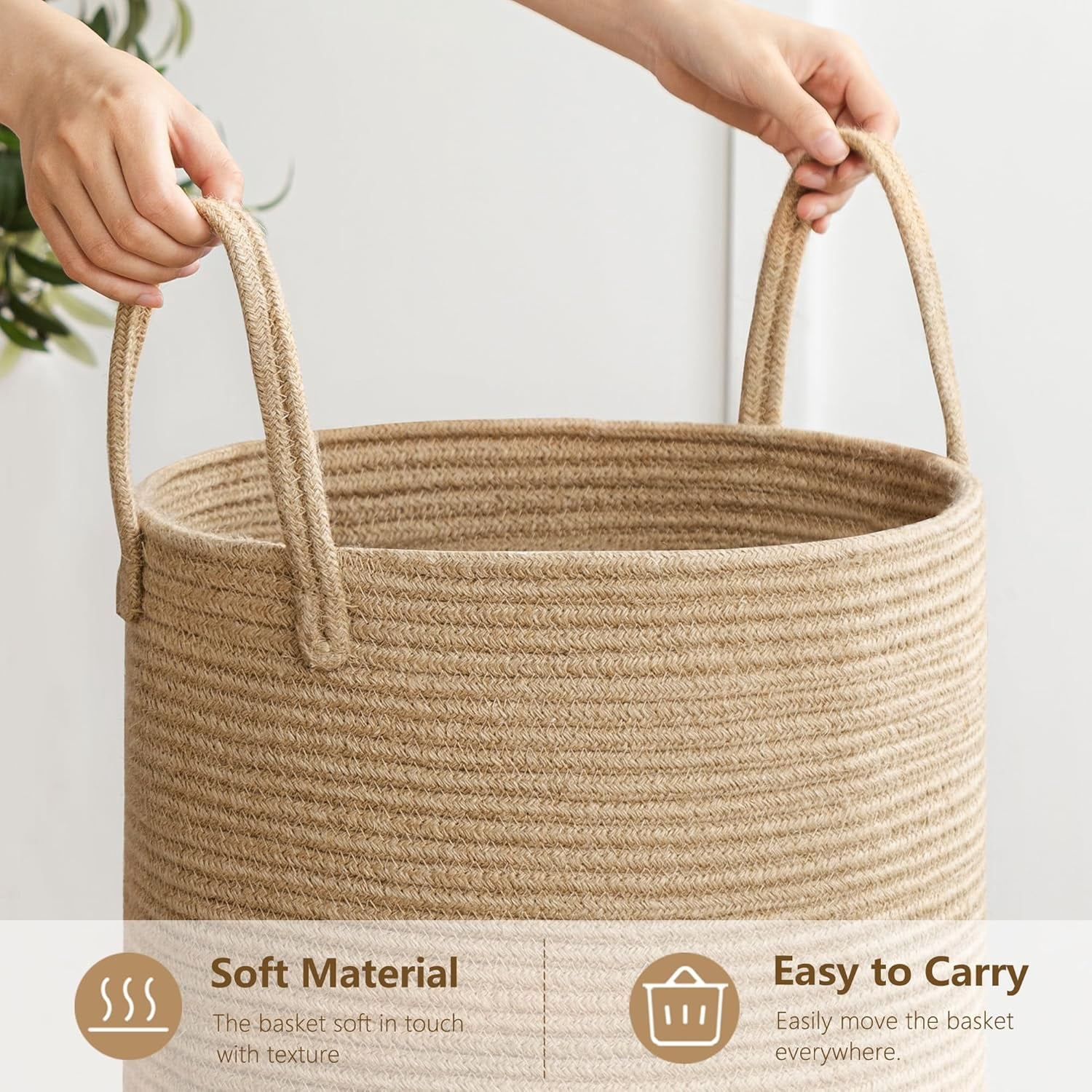 TT-Laundry Basket, 52L Woven Laundry Hamper, Baby Nursery Hamper for Toys, Blanket Basket for Living Room, Clothes Hamper for Bedroom&Baby Room, Jute