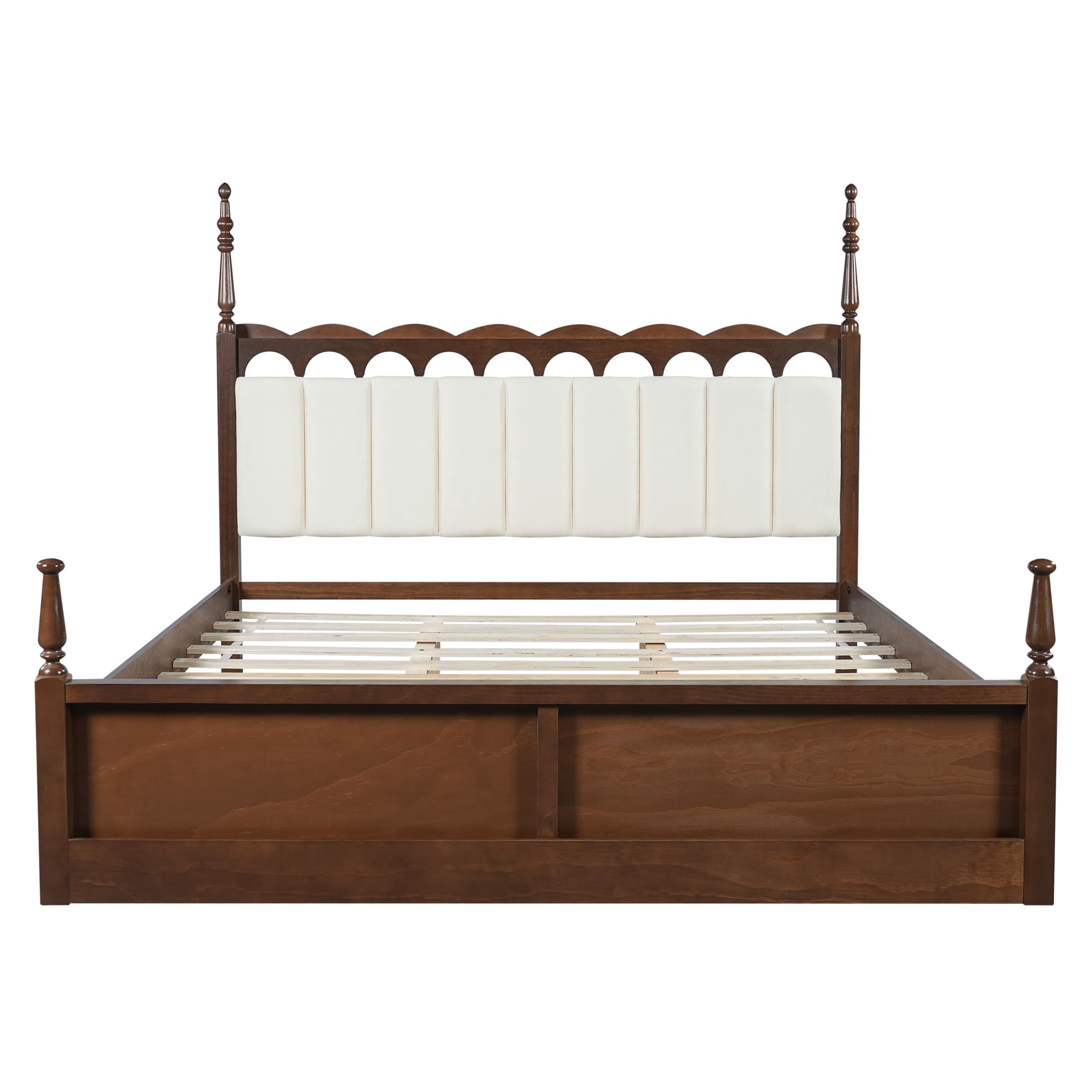 Christopher Knight Home King Wood Bed Frame with Scalloped Tufted Chenille Headboard, Brown+Beige