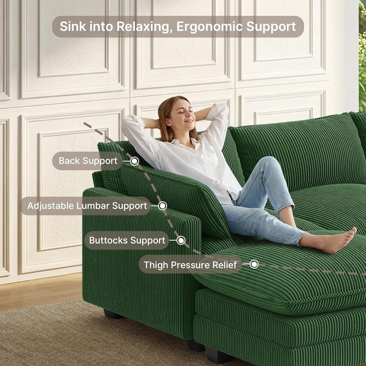 110.2" Cloud Couch Sectional, Lofka Modern Modular Sofa with Deep Seat, Upholstered Living Room Furniture Set with Movable Ottoman and 2 Throw Pillows, Green Couch