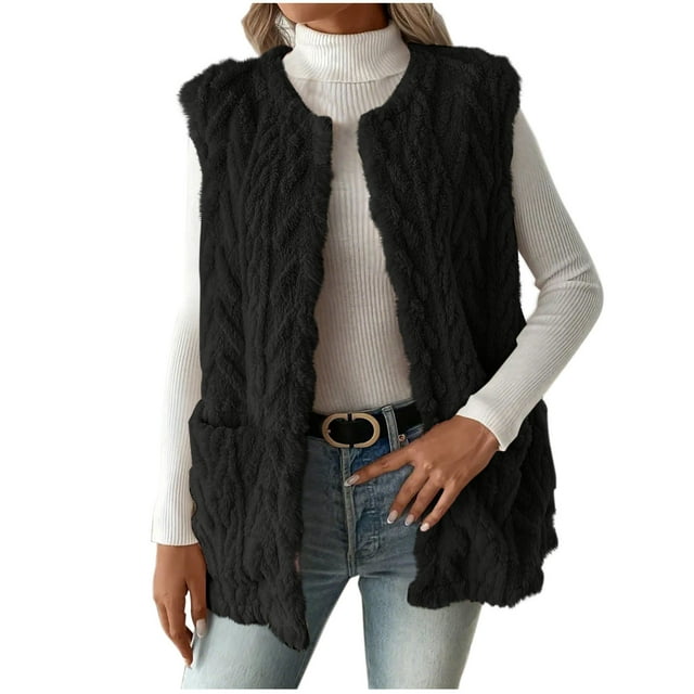 HAiming Gilet en Molleton d'Hiver pour Femmes, Col Ras du Cou, Sans Manches, Ouvert à l'Avant, Cardigan, Veste Duveteuse et Chaude avec Poche