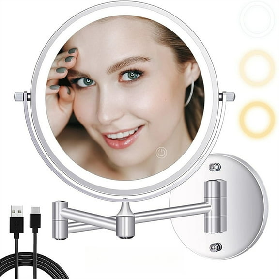 Rechargeable Wall Mounted Lighted Makeup Mirror, 8 Inch Double-Sided LED Vanity Mirror 1X/10X Magnification,Extended Arm 360 Rotation Light up Mirror Black