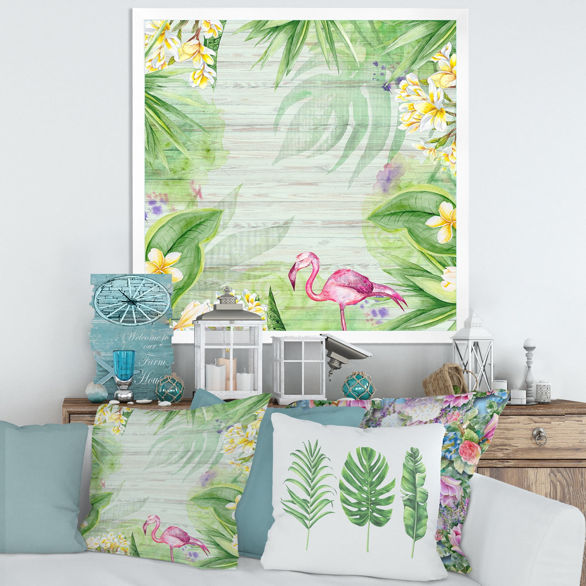 Designart 'Yellow Flowers, Tropical Foliage With Flamingo I' Modern Framed Art Print