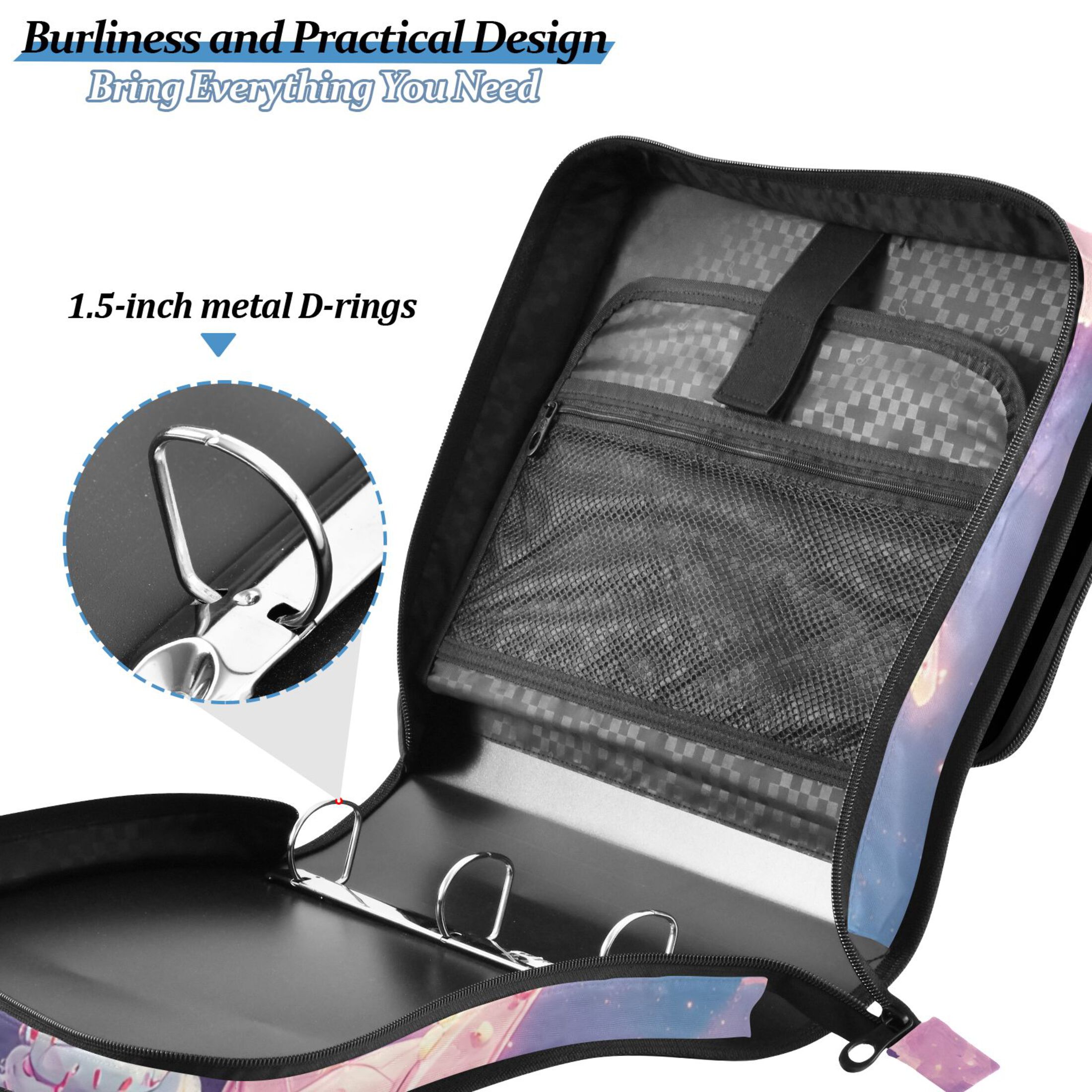 3 Ring Zipper Binder with Shoulder Strap Waterproof Trapper Keeper 2 Inch D-Ring 500 Sheets Capacity Dessert Planet Spaceship