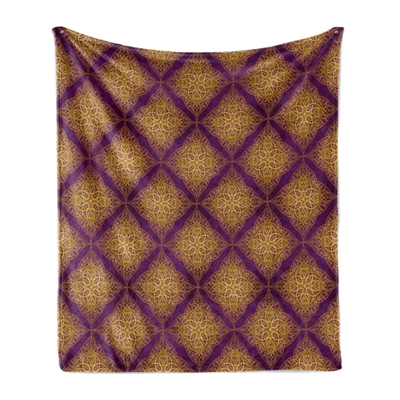 Ethnic Soft Flannel Fleece Throw Blanket, Middle Eastern Royal Historical Ornamental Lace Folk Pattern, Cozy Plush for Indoor and Outdoor Use, 60" x 80", Earth Yellow and Purple, by Ambesonne