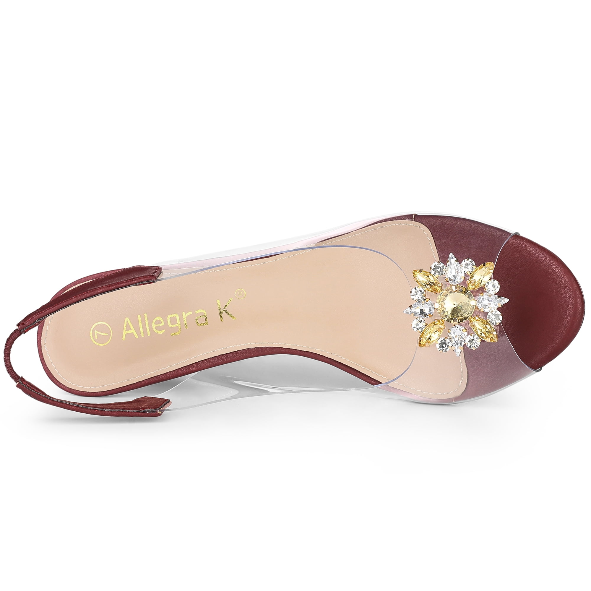 DARING DIVA Women's Clear Slingback Wedges Rhinestone Peep Toe Heels Burgundy 8