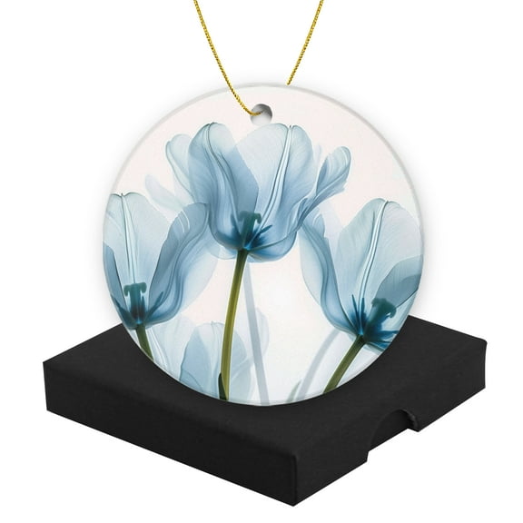 Round Christmas Ornament Ceramic Keepsake Holiday Christmas Decoration 2.95in - Graceful Blue Tulips With A Hint of Pinkish Glow