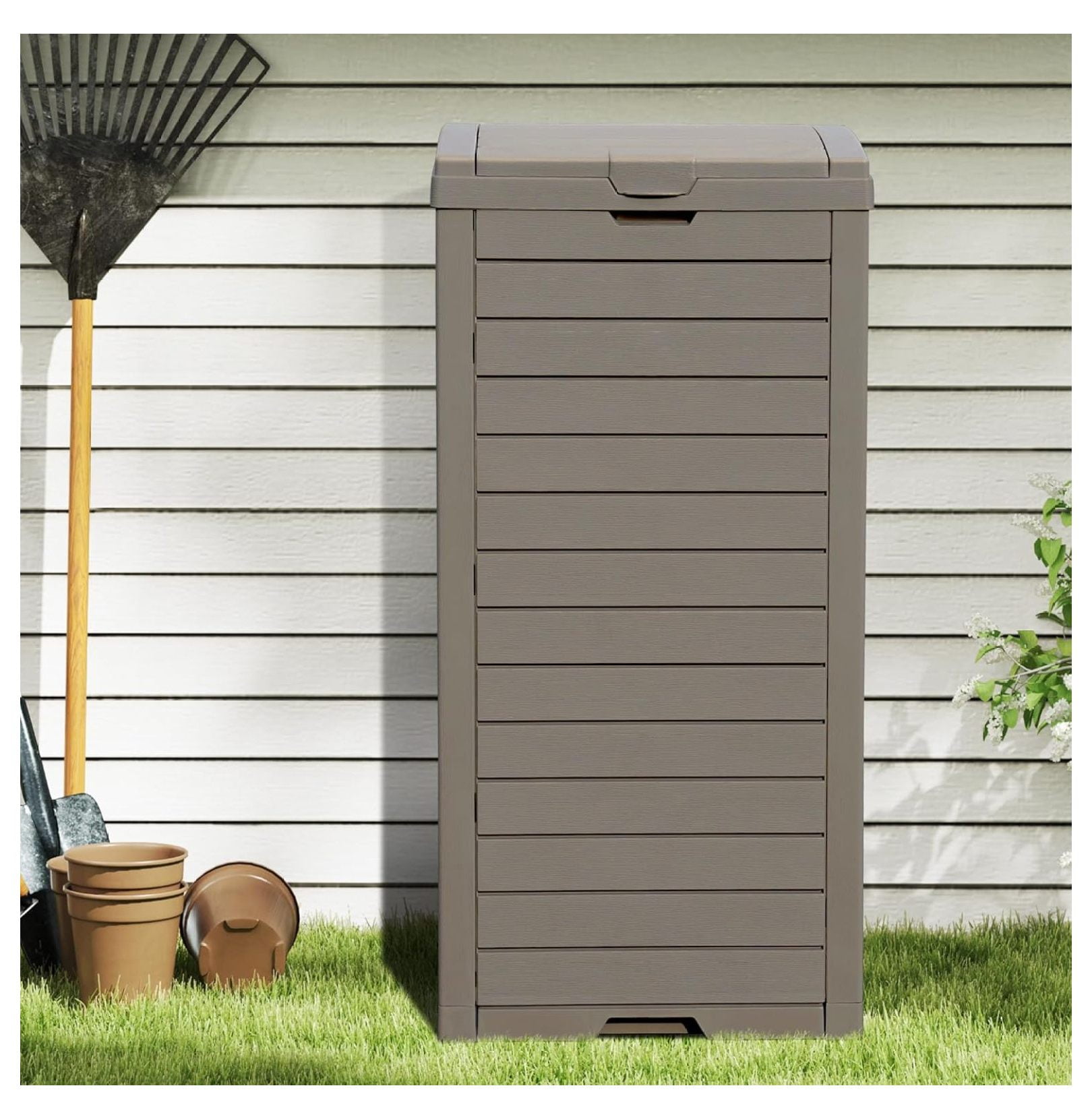 38 Gallon Large Outdoor Trash Can, Waterproof Resin Hideaway Garbage Bin with Lid and Drip Tray, Outside Trash Bin for Porch, Backyard, Deck, Patio, Poolside, Easy to Clean, Taupe