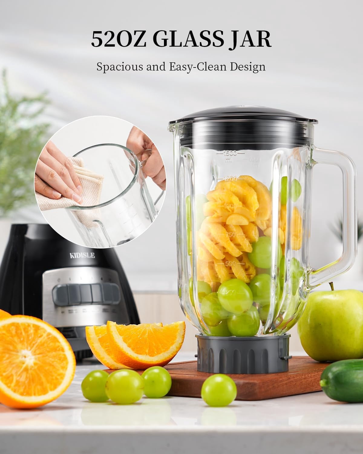 700W Blender for Shakes and Smoothies, Classic Blenders for Kitchen, 52oz Glass Jar, 9 Functions with 5 Speeds for Crushing Ice, Puree, and Frozen Fruit