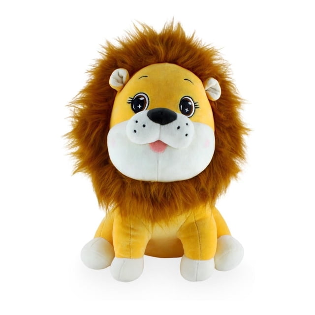 león de peluche suave rm regalomex con sonido yc009156 peluche sentado, vista frontal; cuerpo amarillo de felpa con melena marrón, hocico blanco con nariz negra y lengua rosa, ojos bordados y mejillas rosadas; textura suave y módulo de sonido activable; fondo blanco, también apto como adorno de habitación infantil.