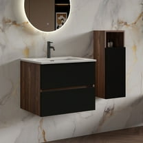 CITTANEO 24 Inch Bathroom Vanity Set with Ceramic Sink, 2 Drawers & Floating Side Cabinet – Modern Wood Wall-Mounted Storage Combo, Soft-Close, Walnut Finish