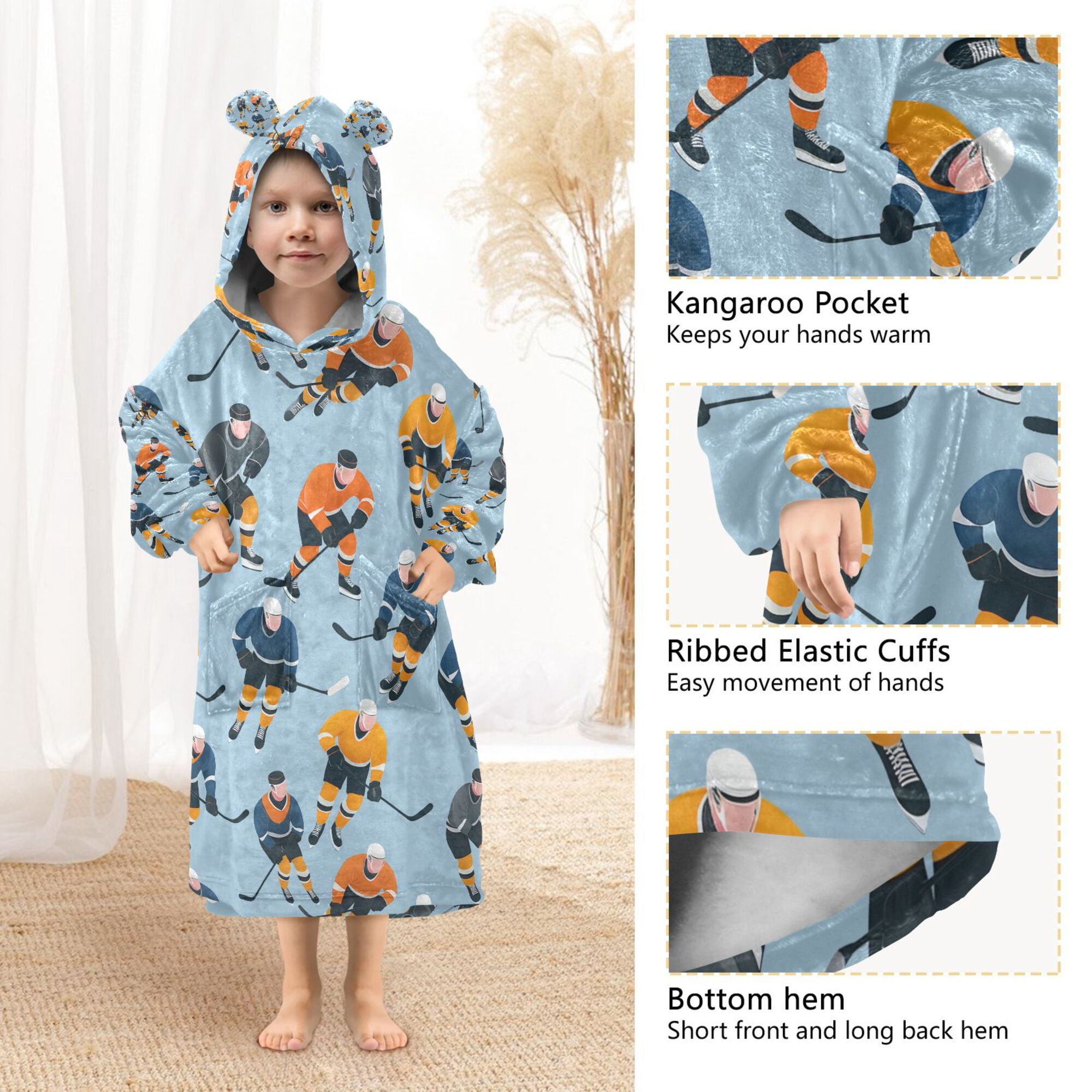 FORMRS Wearable Blanket Hoodie with Sleeves for Kids Cozy Flannel Sweatshirt, Cartoon Hockey Pattern