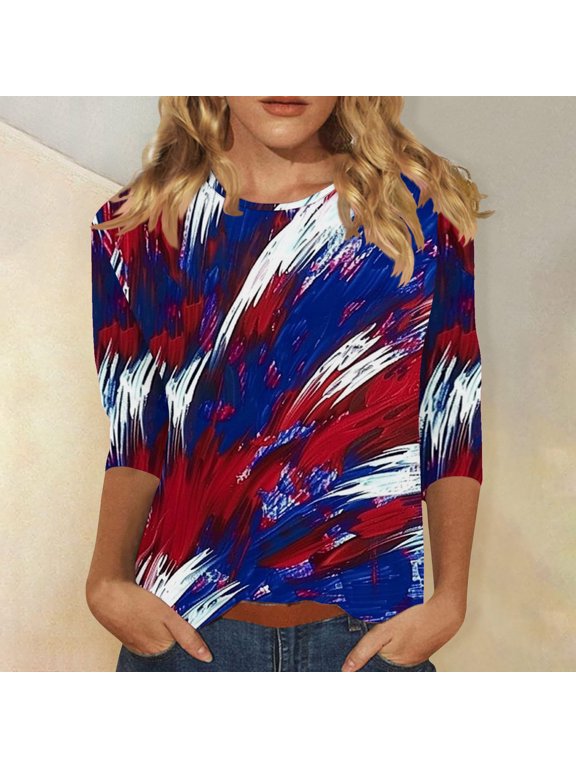Baikeli Free with Promo Codes Women's Independence Day Fashion Printed Round Neck 3/4 Sleeve T-Shirt Top Womans Trendy Summer Top 2024