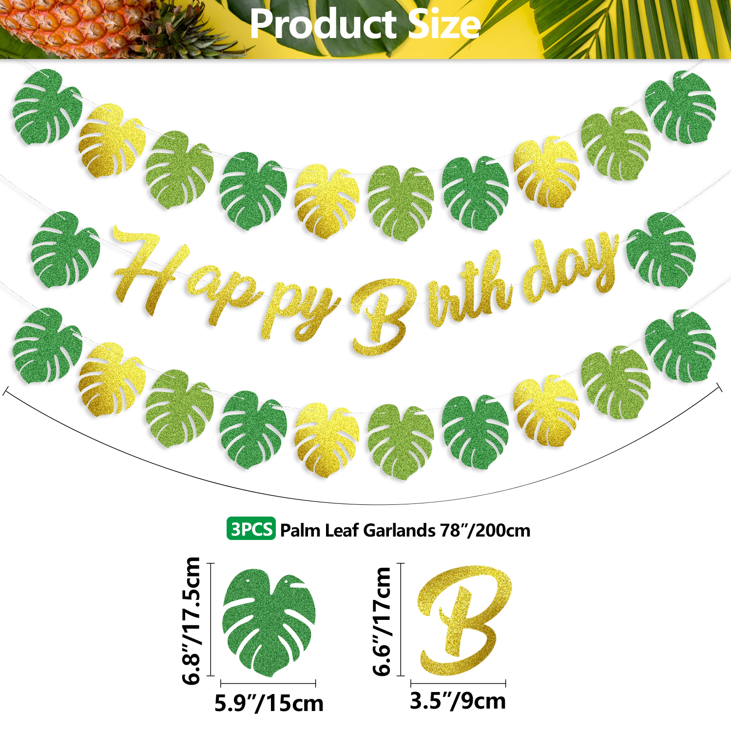 Tropical Birthday Party Decorations - 3 Set Hawaiian Happy Birthday Banners, Gold and Green Glittery Tropical Palm Leaf Garland, Summer Jungle Beach Luau Hawaiian Birthday Party Decorations - image 2 of 8