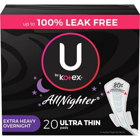 U By Kotex AllNighter Ultra Thin Overnight Pads with Wings, Extra Heavy Flow, 20 Ct