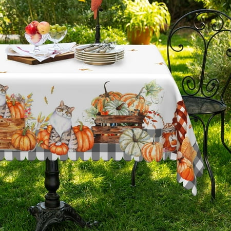 

Mizhona Fall Pumpkins Tablecloths for Rectangle Tables Gnome Cats in White Table Cloth for Kitchen Dinner Decor 60 x102