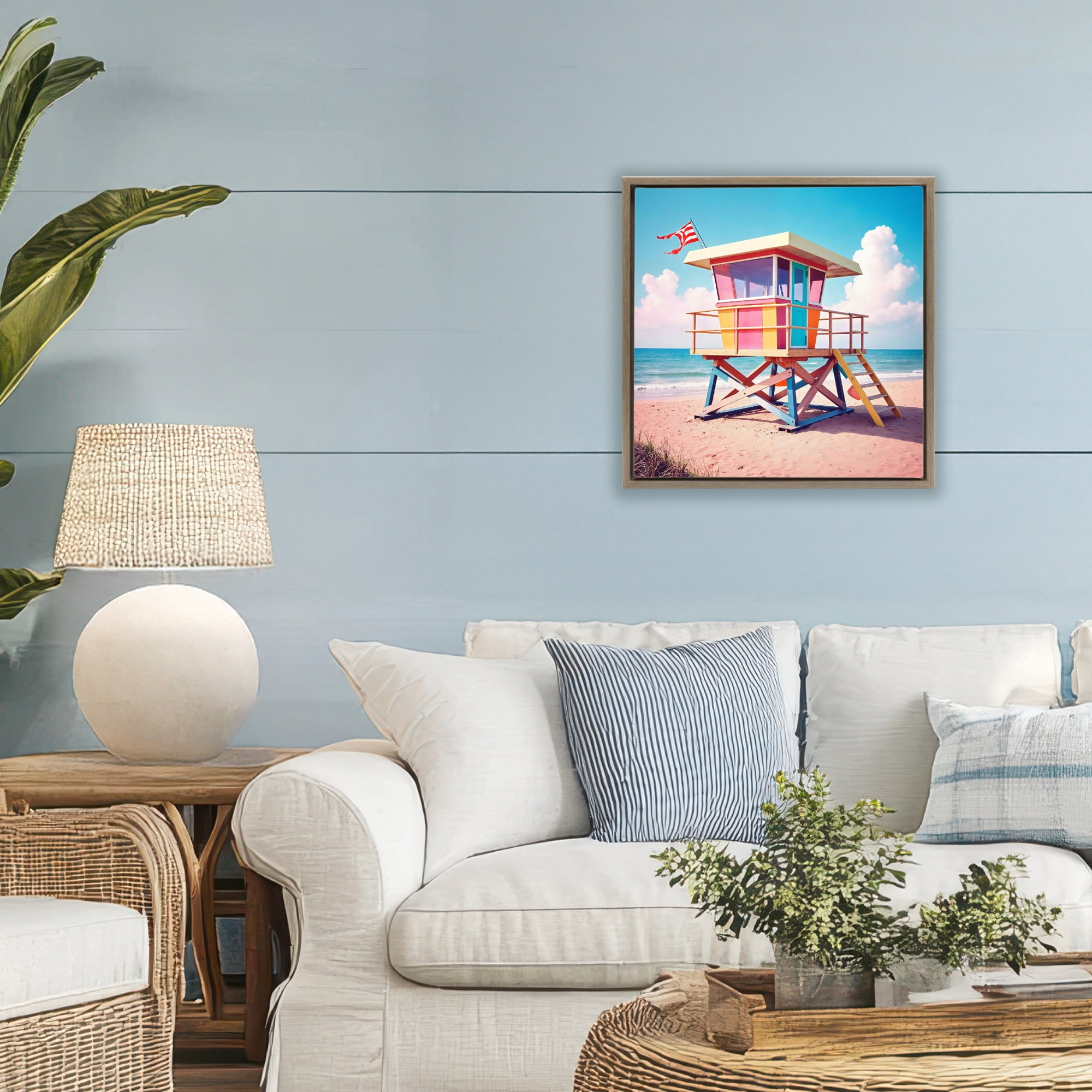 Stupell Industries Colorful Sunny Beach Tower Brown Framed Floater Canvas Wall Art, design by Creative Studio