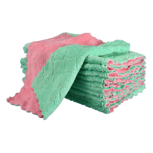 12Pcs Paños de Cocina, Toallas de Terciopelo Coral de 8.6" Rosa Verde
