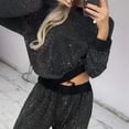 thumbnail image 5 of Sparkly Sequin Lounge Sets Crew Neck Long Sleeve Sweatshirt and High Waist Wide Leg Pants Black M, 5 of 9