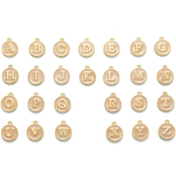 26pc Golden Plated Flat Round Letter Charms - Initial A-Z Alphabet Enamel Charms 14x12x2mm Peach Puff Alloy Double Sided DIY Jewelry Making