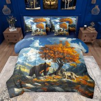 jejeloiu Jungle Wolf Bear 7 Pieces Bedding Comforter Set,Natural Scenery Snow Mountain Full Bedding Set,Autumn Fall Maples Fitted Sheet Flat Sheet For Kids,Super Cozy Room Decor Reversible