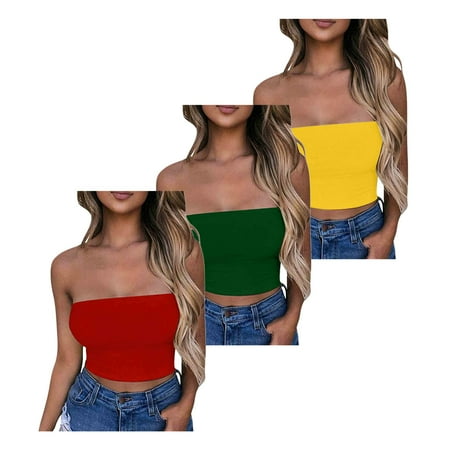 Lovskoo Womens 3 Pack Tube Tops Crop Tops Going Out Strapless Basic Backless Bandeau Bra Summer Outfits 2024 Y2K Clothes Red + Green + Yellow
