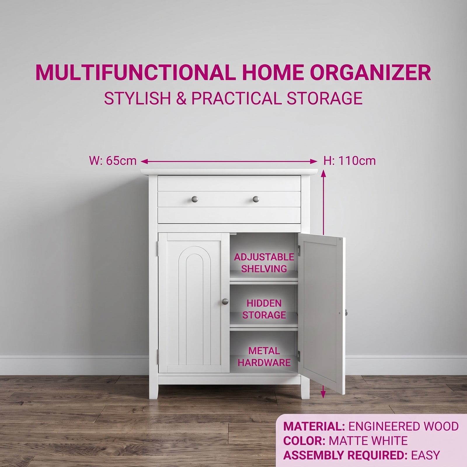 Fenbeli Free Standing Bathroom Storage Cabinet, 2-Door Floor Cabinet with Large Drawer and Adjustable Shelf, Waterproof MDF Side Organizer for Bathroom Living, White