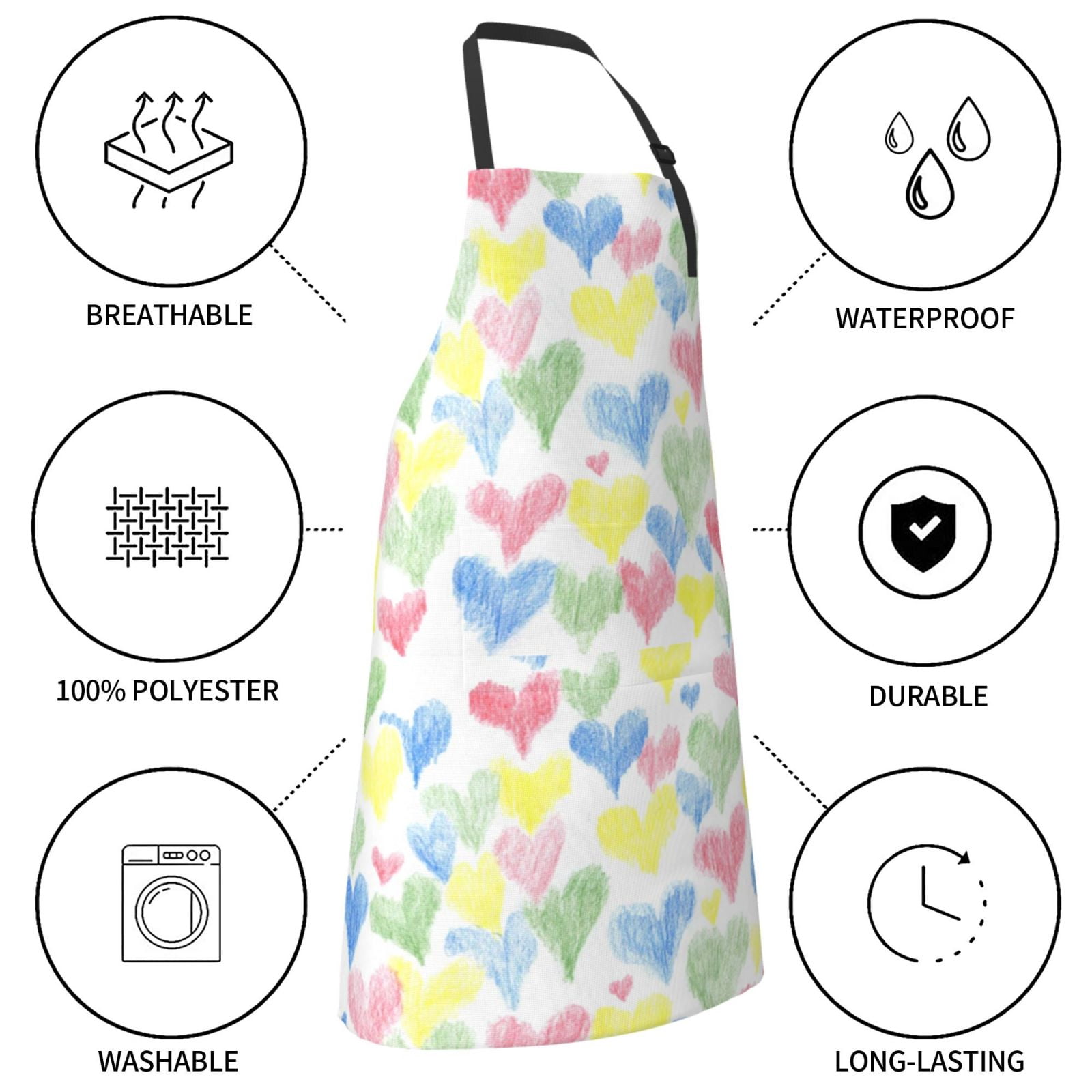 Kdxio Hand Drawn Colored Hearts Apron with Pockets Adjustable Kitchen Aprons for Men Women Waterproof Aprons for Cooking,Drawing,Crafting, Baking Household Cleaning